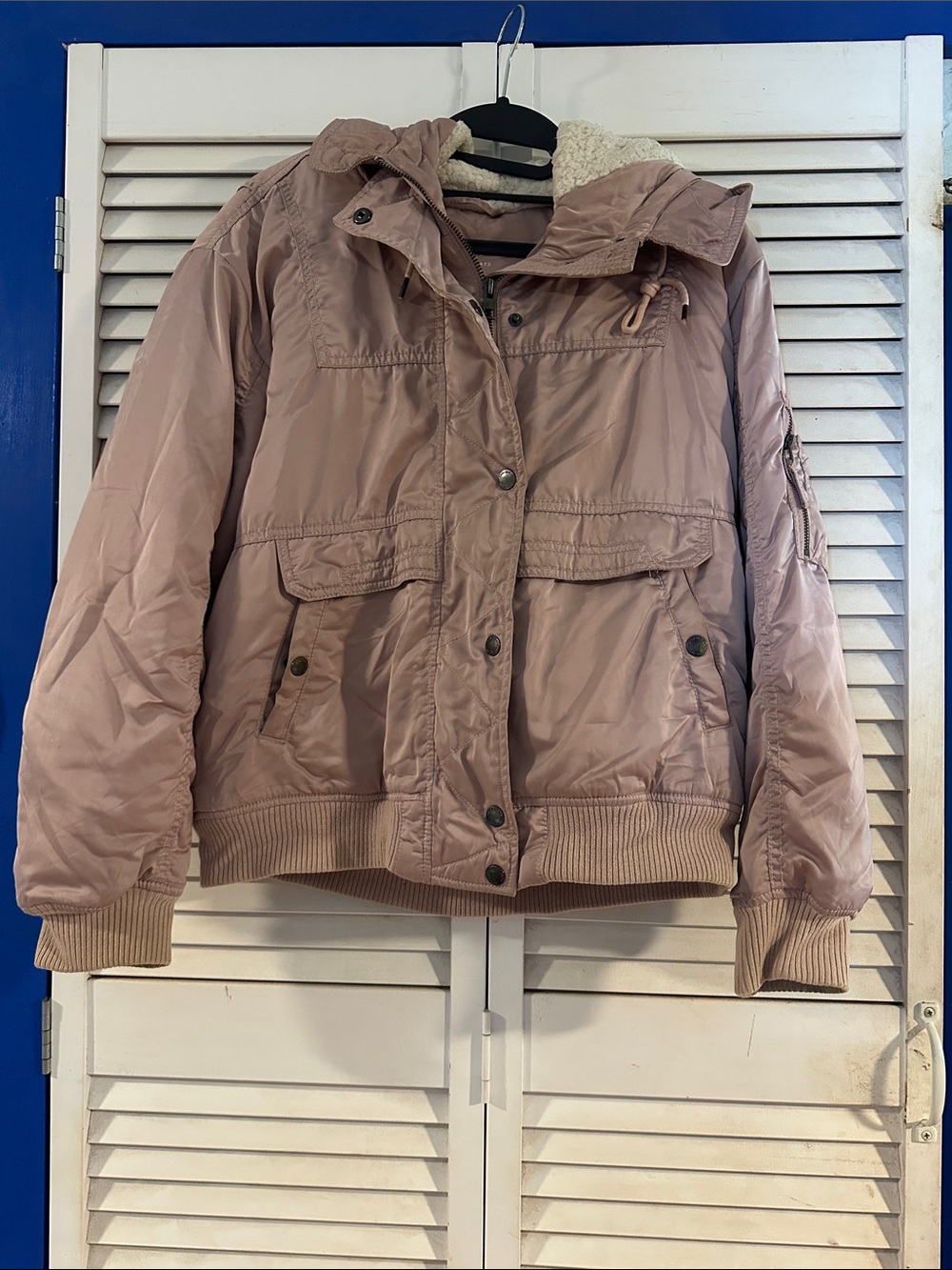 American Eagle Outfitters Mauve Bomber Jacket with Sherpa Hood